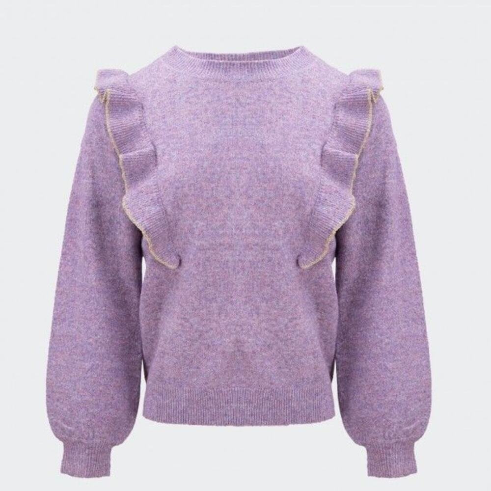 Molly Bracken Ruffle Sweater Crew Neck Balloon Sleeve Sparkle Pullover, Purple